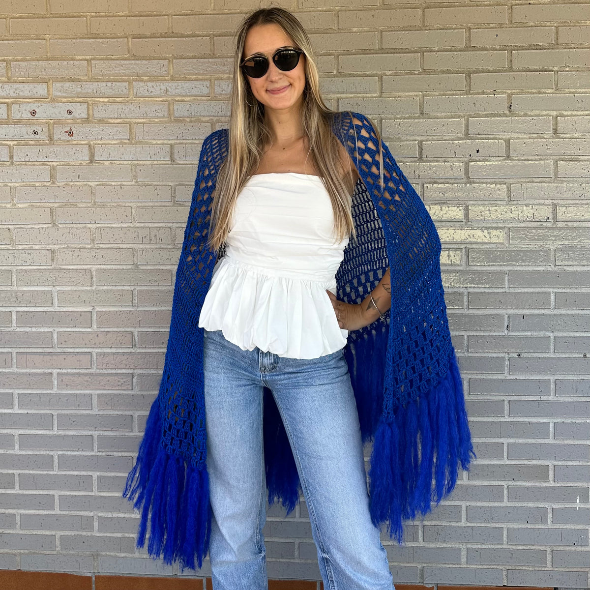 Chal azulo electrico con flecos de mohaer