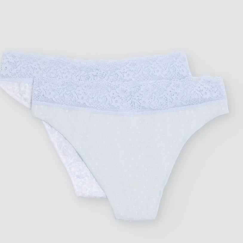 Pack de 2 tangas algodón estampados con ribete de encaje azul 19553