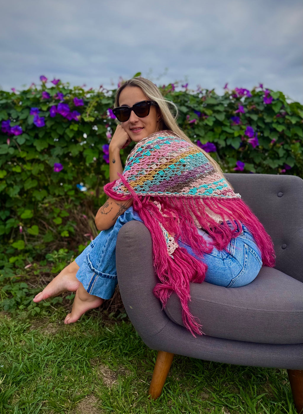 Chal de lana algodón y fleco mohair