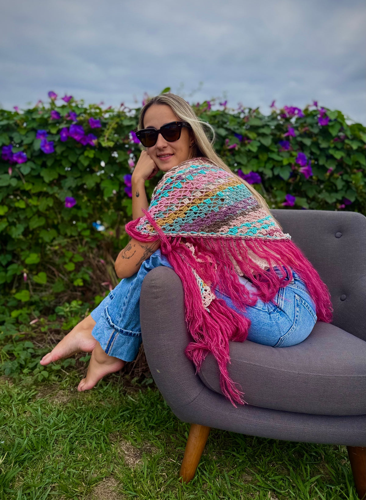 Chal de lana algodón y fleco mohair