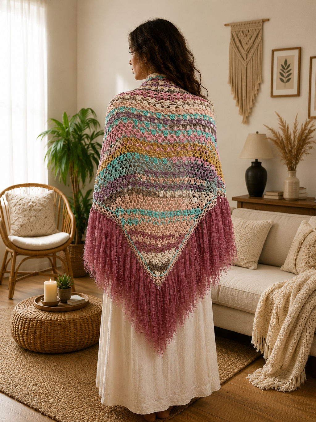 Chal de lana algodón y fleco mohair