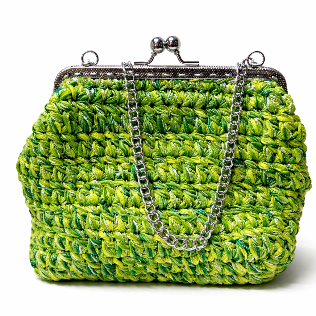 Bolso verde artesanal con cadena plateada