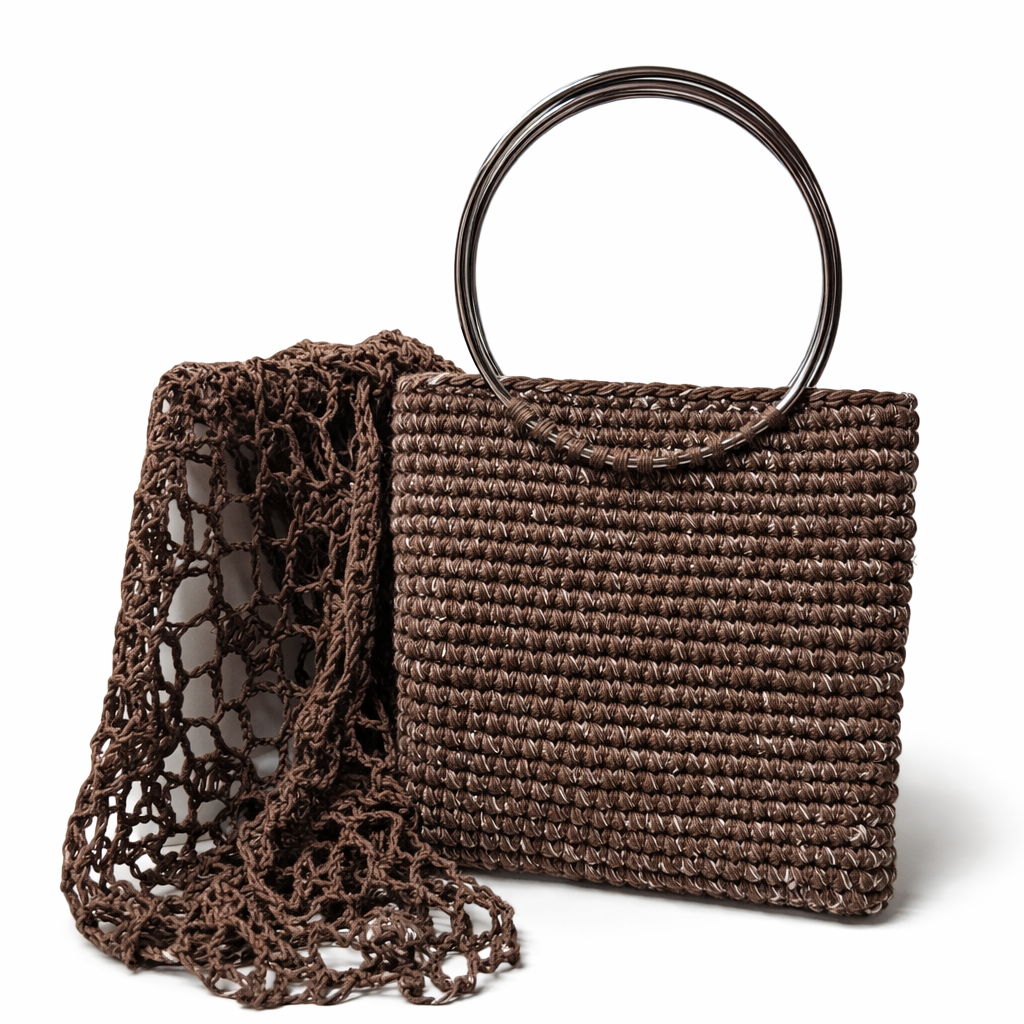 Conjunto artesanal de bolso y chal en tono marrón tostado