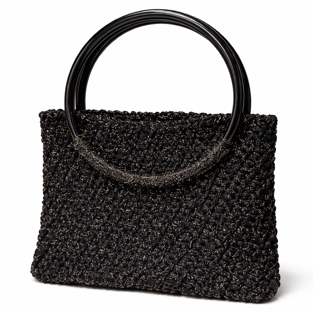 Bolso negro artesanal con asas redondas