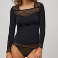 Camiseta manga larga microfibra encaje escote y puños negra | 19049