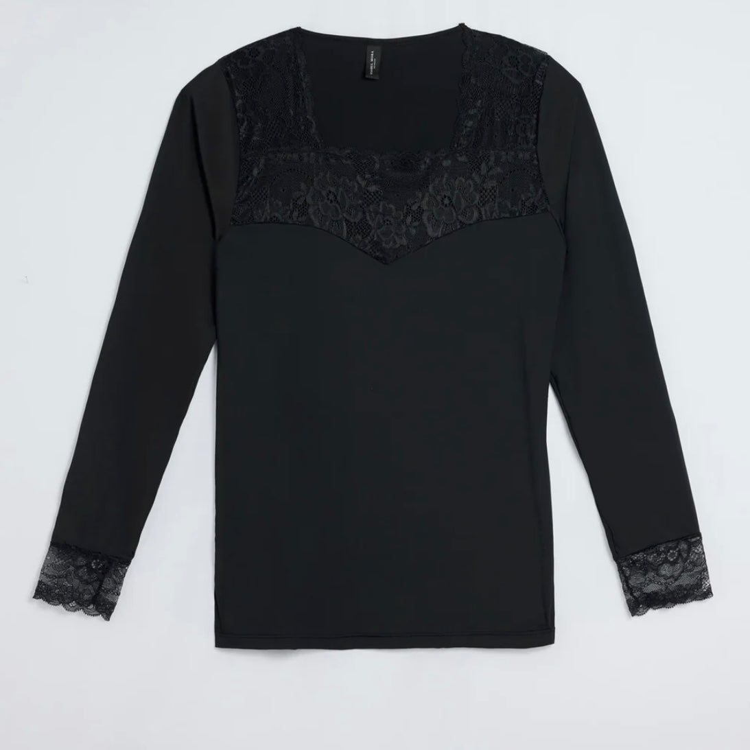 Camiseta manga larga microfibra encaje escote y puños negra | 19049