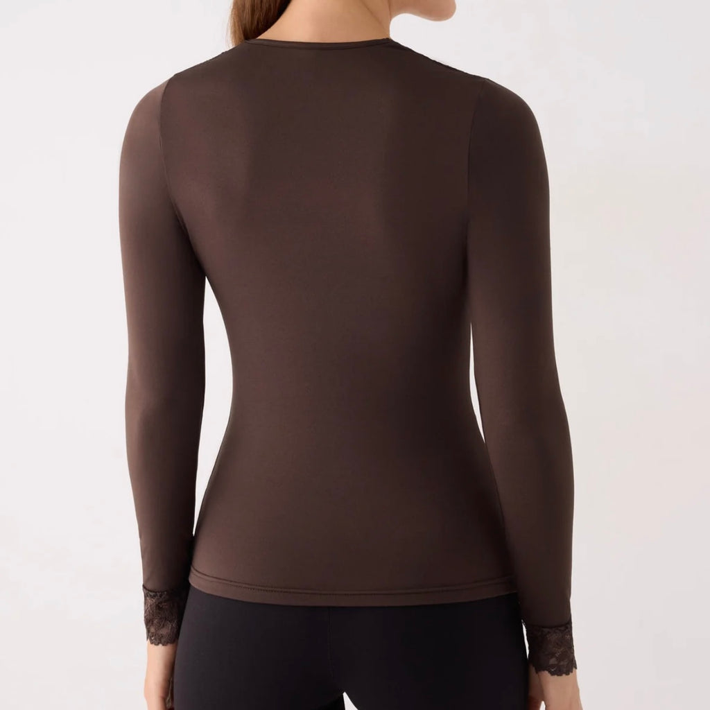 TÉRMICO Camiseta mujer manga larga cuello cuadrado con encaje marrón 70039