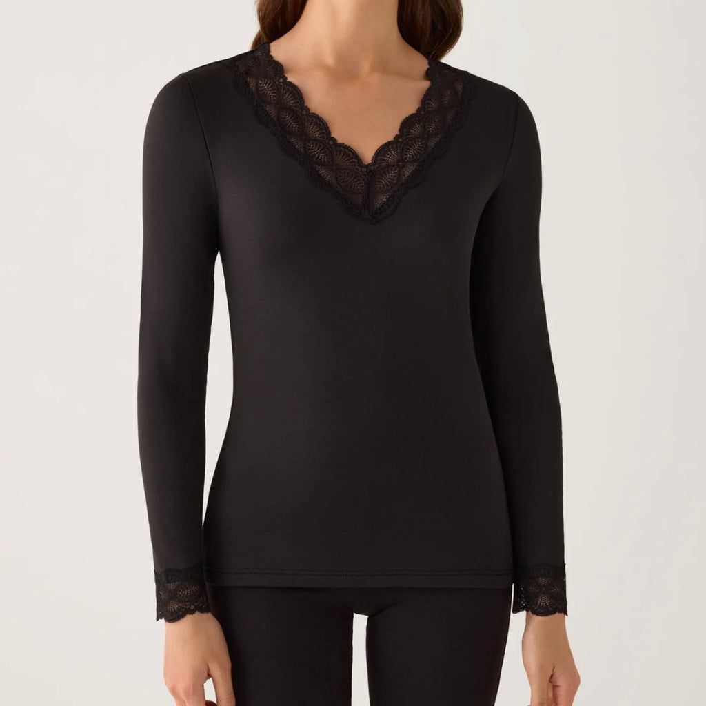 TÉRMICO Camiseta mujer manga larga encaje en escote y puños negro 70041